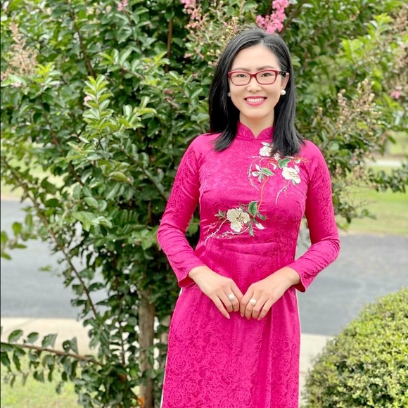 New Ao dai gam theu Vietnamese traditional long dress set M 2 cream 🎁 kem medium - Picture 5 of 6